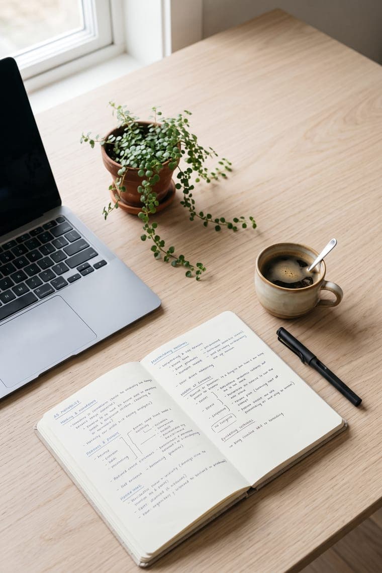 A tall workspace photograph, sized for a Pinterest pin